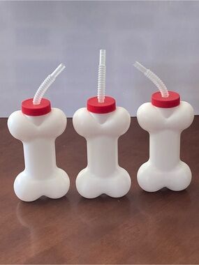 NWOT Bone-Shaped Party Drink Bottles with Red Caps and Clear Straws